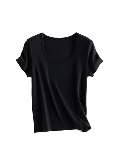Women Solid T Shirt, Silk Cotton Blend, Square Collar, Short Sleeves Chic Shirt 2025 Spring Summer Cozy Top