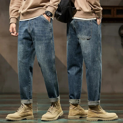 Men's Spring 2026 Loose Harem Pants Denim Retro Solid Comfortable Harajuku Straight Jeans Simple Fashion Versatile Cargo Trouser