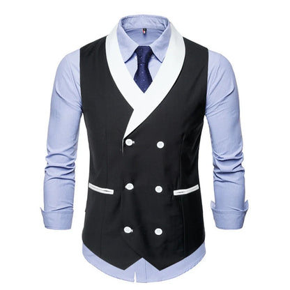 Men Vest Gray With White Lapel And Pocket Double Button Waistcoat For Wedding Birthday Banquet Business Daily Men Suit Vest