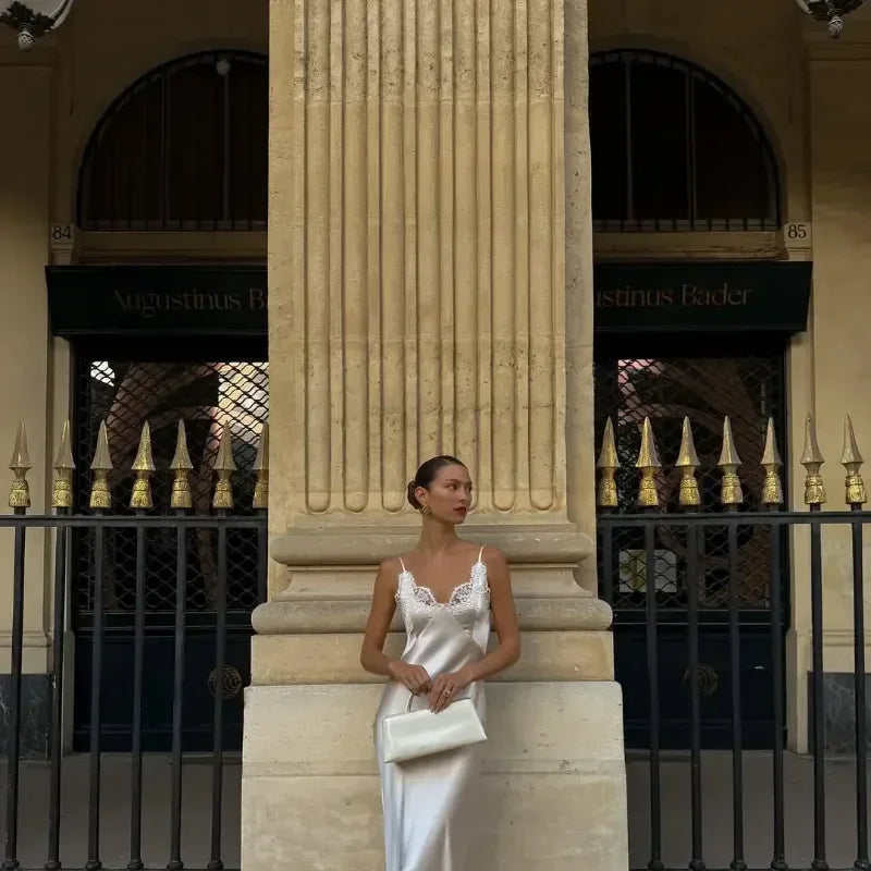Women Sexy V-neck Satin Sling Maxi Dresses Chic White Lace Patchwork Sleeveless Backless Slim Gowns Summer Evening Party Dress