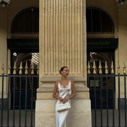 Women Sexy V-neck Satin Sling Maxi Dresses Chic White Lace Patchwork Sleeveless Backless Slim Gowns Summer Evening Party Dress