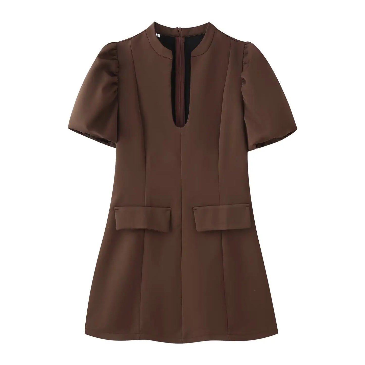 Elegant Holiday Chic Women Mini Dress Black O-Neck Zipper Short Puff Sleeve Dress Fashion 2026 Spring Summer Party Dress