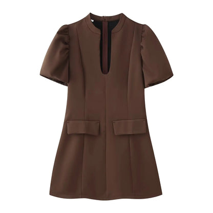 Elegant Holiday Chic Women Mini Dress Black O-Neck Zipper Short Puff Sleeve Dress Fashion 2026 Spring Summer Party Dress