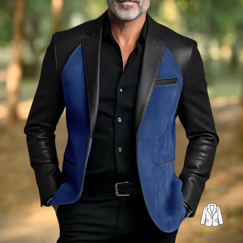 Retro Men's Faux Suede Jacket with PU Leather Collar & Shoulder 2 Buttons Two-Tone Blazer Contrast Trim Coat