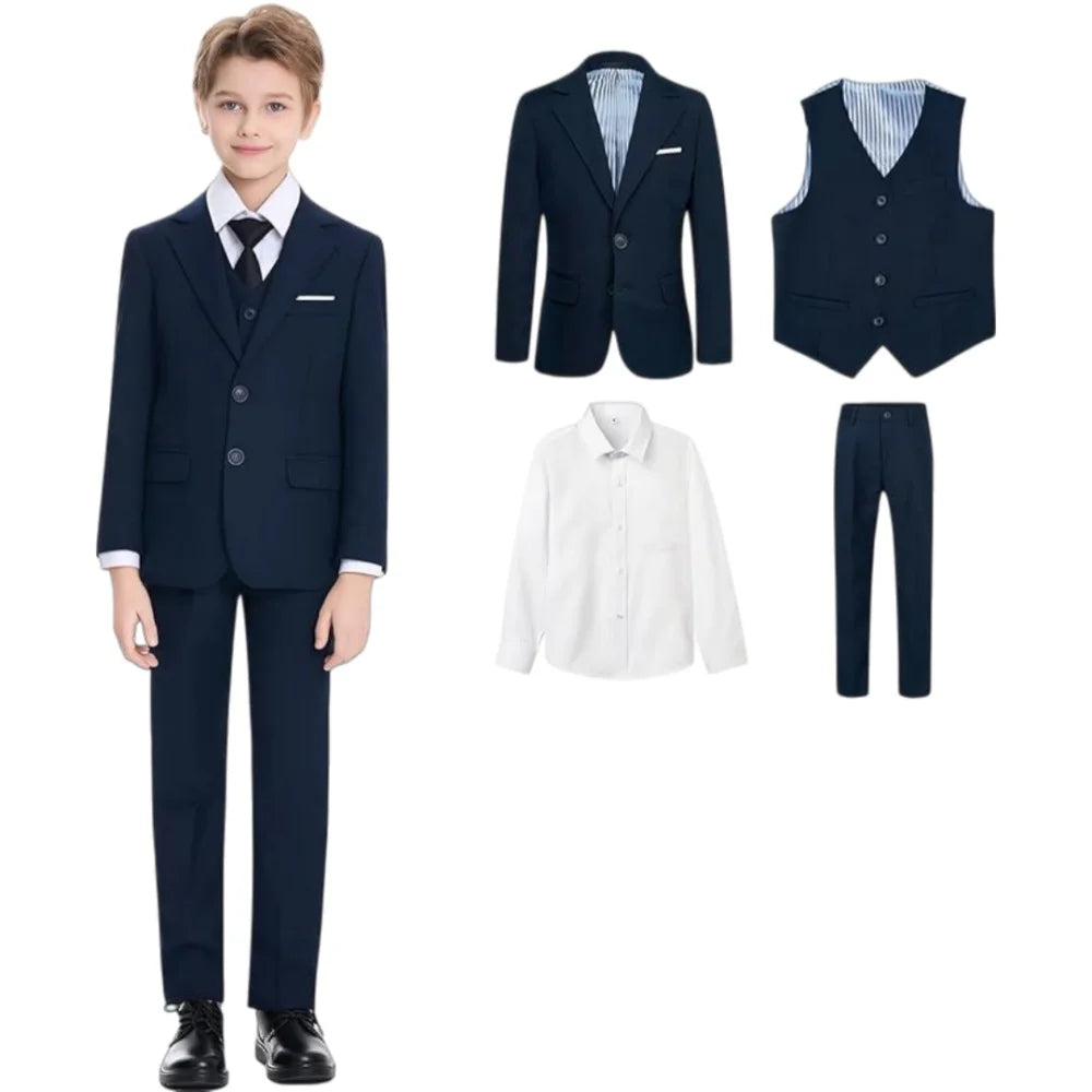 Boys Formal Suit Set 4 Pieces Jacket Vest Shirt Pants Wedding Ring Bearer Outfit Smart Elegant Kids Suits Host Costumes Tuxedo
