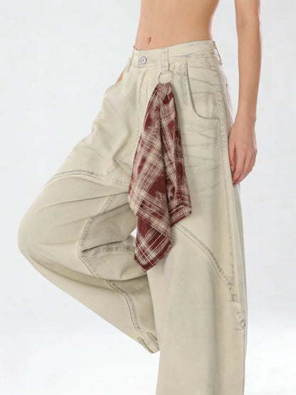 Women's Apricot Wide Jeans Vintage Harajuku Y2k Baggy Denim Long Pants Japanese 2000s Style Denim Trousers Oversize Clothes New