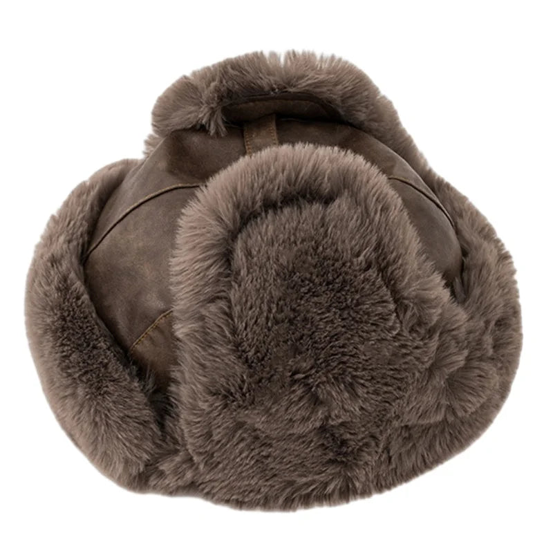 Men Winter Bomber Hat Outdoor Motorcycle Windproof Thicken Warm Faux Fur Pilot Earflap Hat Leather Thermal Ushanka