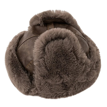 Men Winter Bomber Hat Outdoor Motorcycle Windproof Thicken Warm Faux Fur Pilot Earflap Hat Leather Thermal Ushanka