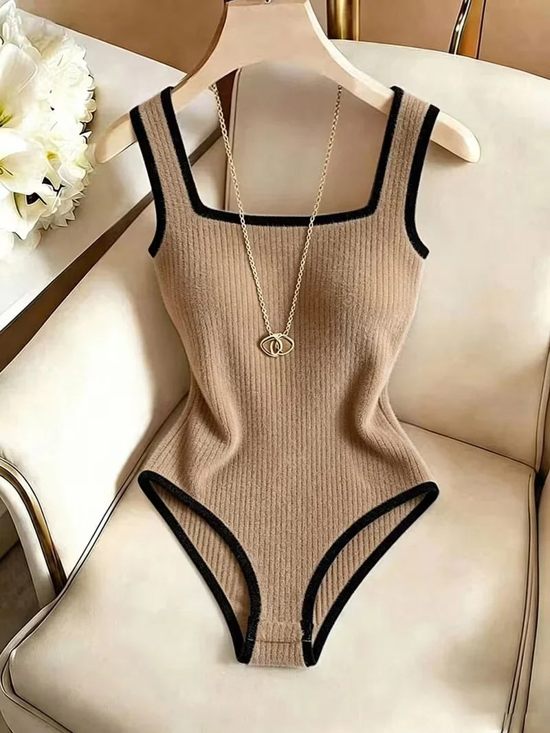 3pcs Women's Ribbed Bodysuit Set Fashionable Black Piped Square Neck Waist-Cinching Style Summer Nightlife Wear Elegant Beach Ou