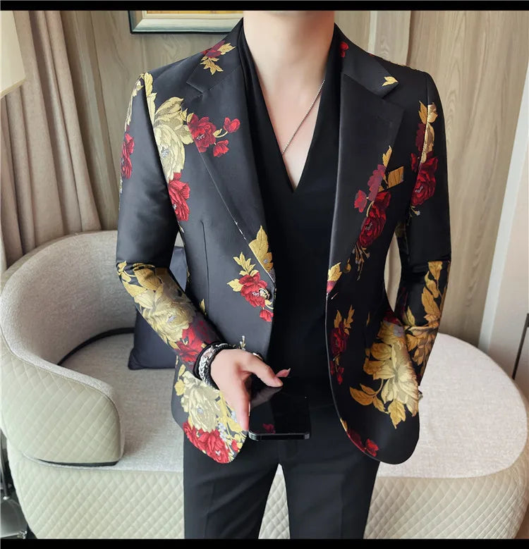 New Men Embroidered Jacquard Slim Fit Casual Suit Jacket Formal Prom Party Stage Costume Man Tuxedo Gentleman Blazers Suit Tops