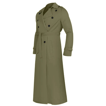 Men'S Windbreaker Spring Autumn Long-Slevee Extra Long Trench Coat Classic Trend Double Breasted Solid Color Temperament Trench