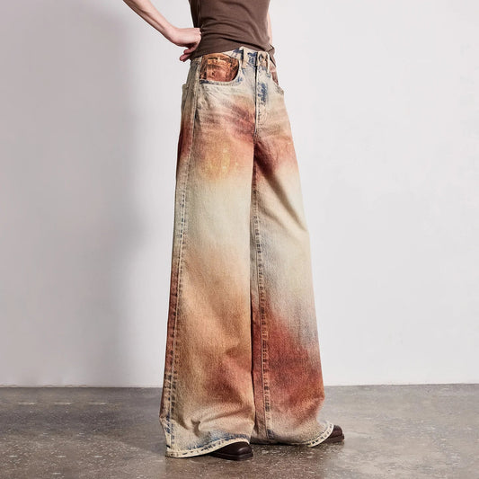 Women Jeans 2026 Spring New Wilderness Wasteland Style Mid Low Waist Loose Printed Wide Leg Pants