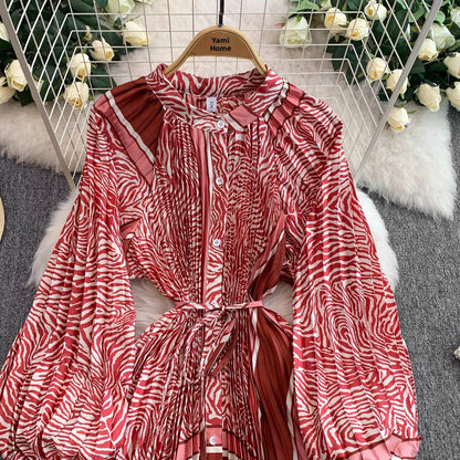 Ele Printed round Ne Lantern Sve Dr Women's Single Button Waist Cinch Maxi Skirt Long Dr Commute Sle Autumn