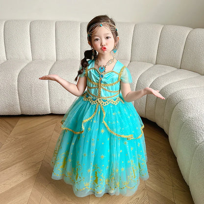 Girl Halloween Princess Dress Aladdin Magic Lamp Jasmine Dress Girl Fancy Mesh Ball Gown Childrens Day Gifts Carnival Costume