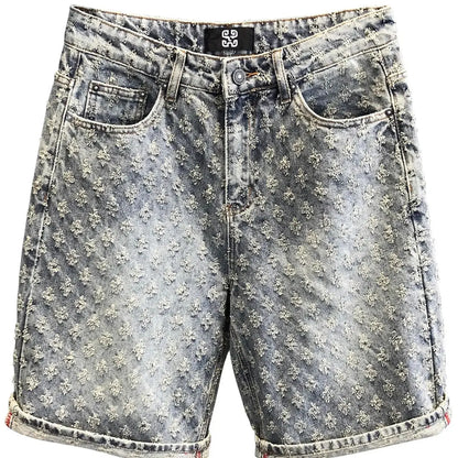 American Y2K Light Luxury Quality Retro Denim Shorts Summer Hip Hop INS Men Loose Shave Jacquard Couple Denim Five Point Pants