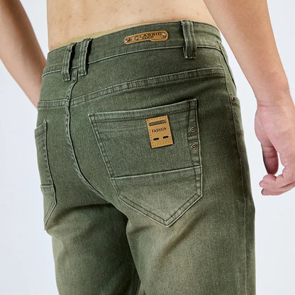 2025 Autumn New Men's Slim Elastic Jeans Fashion Korean Small Straight Pencil Pants Soft Comfortable Casual Green Denim Pants