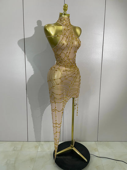 STOCK Sparkly Diamond Sexy Mesh Asymmetric Bodycon Mini Dress Women Nightclub Bar Party Show Gogo Dancer Clothing Stage Costume