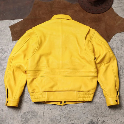 Spring Autumn Cool Handsome Short Yellow Soft Pu Leather Jacket Men Turn-down Collar Luxury Designer Clothes 2025