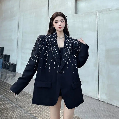 High-Quality Hot Diamond Black Blazer Women's Neutral Spring And Autumn New Design V ersatile Long-Sleeved Shoulder Padded Suit