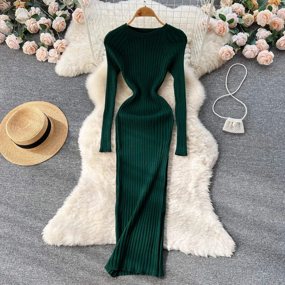 Winter Women Knit Maxi Dress O Neck Autumn Long Sleeve Slim Solid Harajuku Ladies Fashion Pencil Sweater Long Dresses