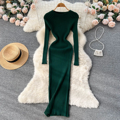 Winter Women Knit Maxi Dress O Neck Autumn Long Sleeve Slim Solid Harajuku Ladies Fashion Pencil Sweater Long Dresses