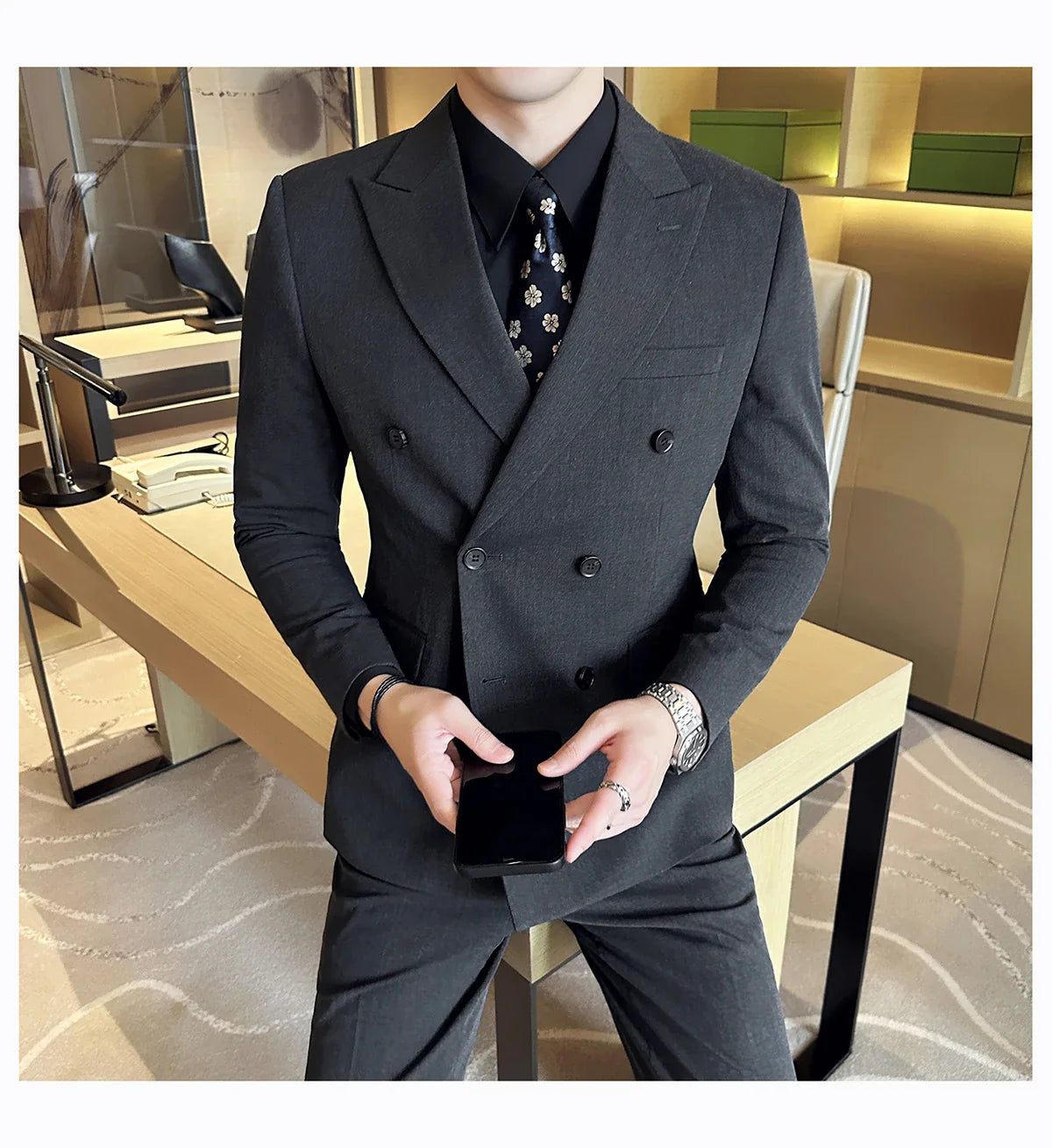 M-7XL Blazer Vest Pants High -end Brand Gray Black Men's Casual Business Double -breasted Suit Groom's Wedding Slim Men's Suit
