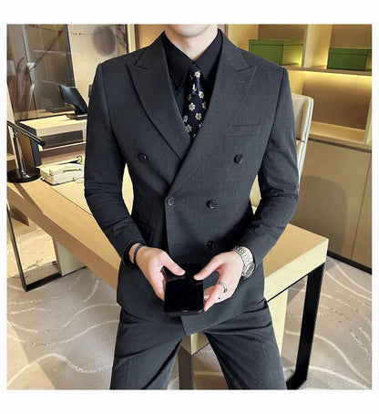 M-7XL Blazer Vest Pants High -end Brand Gray Black Men's Casual Business Double -breasted Suit Groom's Wedding Slim Men's Suit