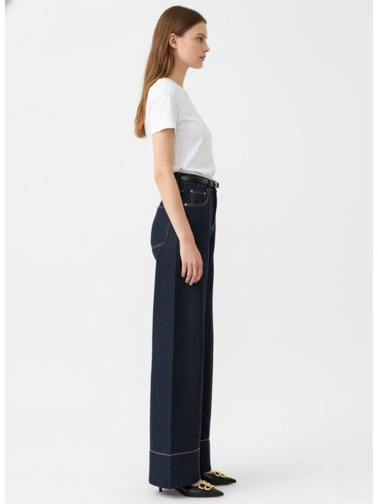 2026 Summer Women's Trendy Wide Leg Jeans Dark Blue High Waist Center Pleated Denim Pants with Contrast Stitching