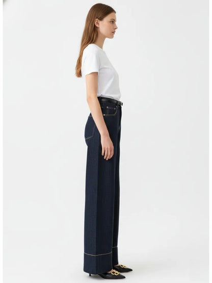 2026 Summer Women's Trendy Wide Leg Jeans Dark Blue High Waist Center Pleated Denim Pants with Contrast Stitching