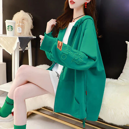 with Zipper Hooded Sweatshirt for Women Full Zip Up Embroidered Woman Tops Spring and Autumn Green Hoodies Long Dropshiping Coat