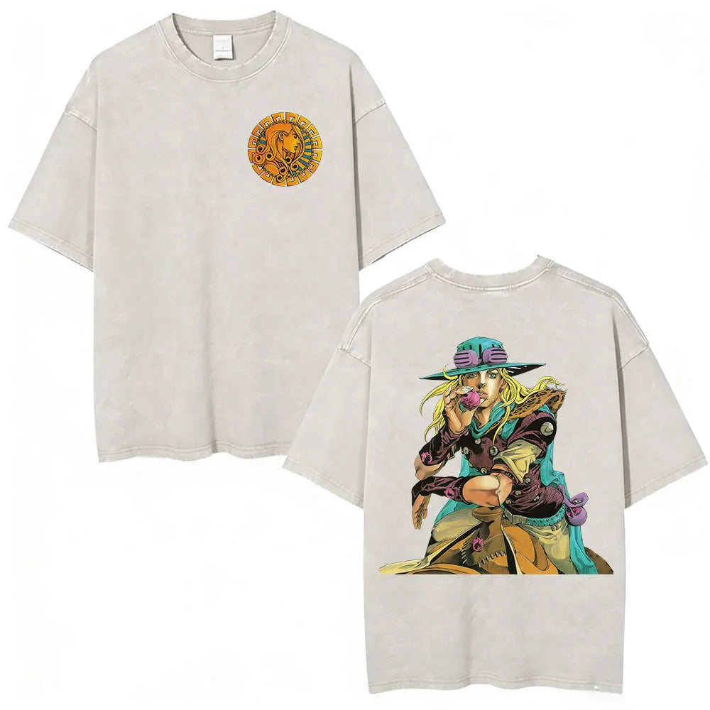 Anime Jojo Bizarre Adventure STEEL BALL RUN Manga Vintage Acid Washed T Shirt Men Women Casual Short Sleeves T-shirt Streetwear