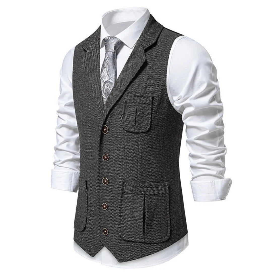 Men Vest Drak Gray Herringbone Single Button Waistcoat For Wedding Birthday Banquet Party Business Work Daily Men Suit Vest