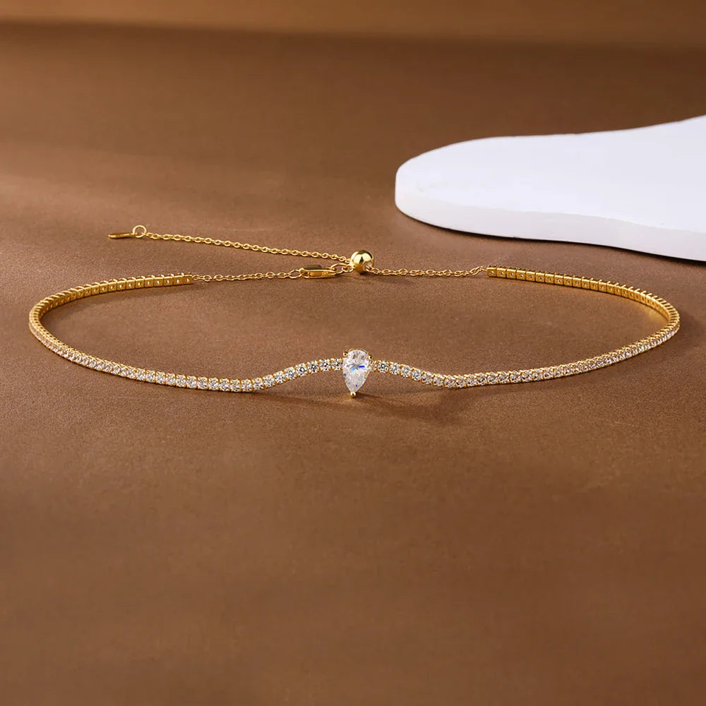 Certified Full Moissanite Riviera Tennis Necklace with Waterdrop Diamond Pendant for Women 925 Sterling Silver Adjustable Choker