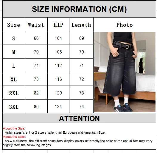 High Waist Black Retro Washed Denim Shorts Women's Harajuku Vintage Fashion Casual Loose Y2K Streetwear Mid Long  Wide Leg Pants