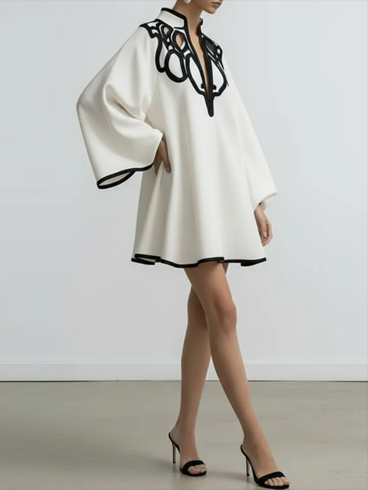 Freeacy Hollowed V-neck Mini Dress for Women Flared Sleeves A-line Pleated Dress 2026 Stylish Contrast Trims Elegant Party Dress