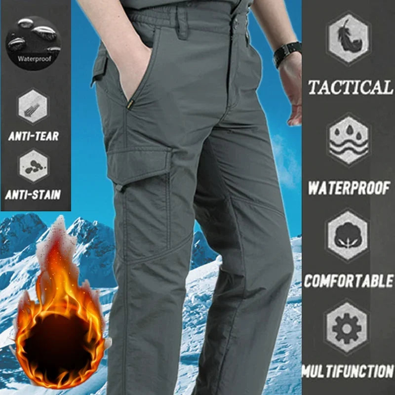 New Tactical Pants Men Winter Outdoor Work Casual Cargo Trousers Waterproof Fleece-lined Pants Elastic Hiking Traveling Workwear