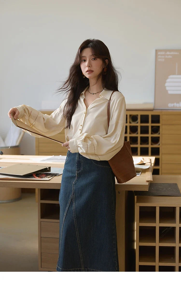Women's Shirt Lantern Sleeve Hollow Out Tops 2025 Autumn Single Breasted Solid Shirts Lapel Shirt Office Lady MXE41C2359