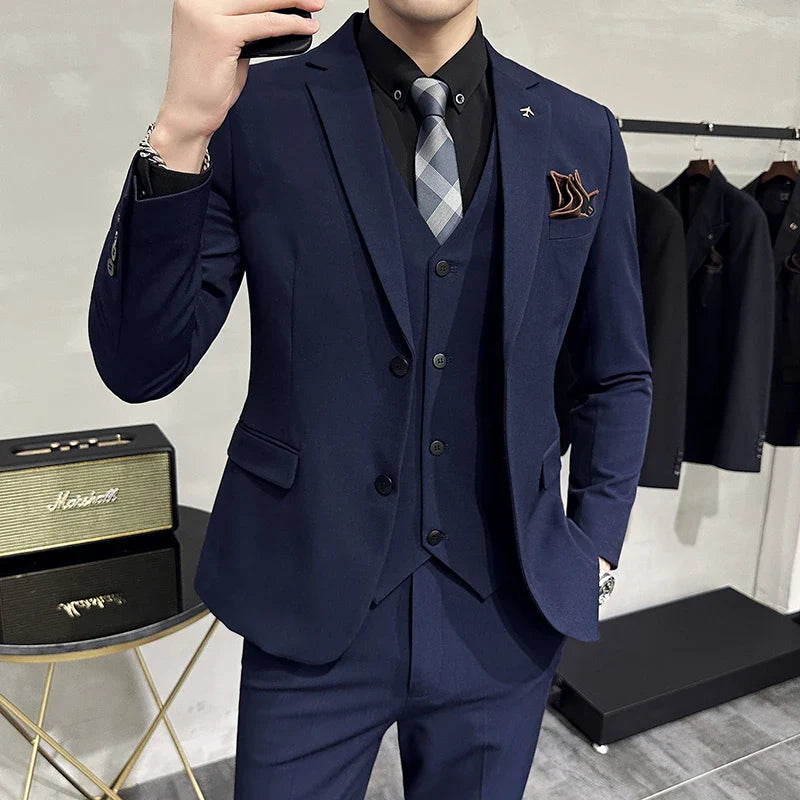 ( Blazer + Vest + Pants ) Boutique Fashion Solid Color Men's Slim Casual Business Suit Three-piece Set Groom Wedding Dress Party