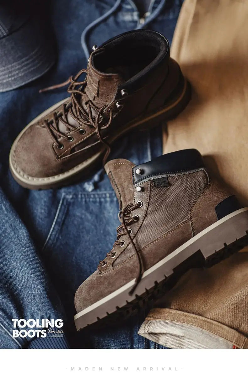 Maden Men's Vintage Splice Suede Work Boots Chunky Sole Round Toe Combat Boots Lace-Up Ankle Boots for Desert Hiking & Casual