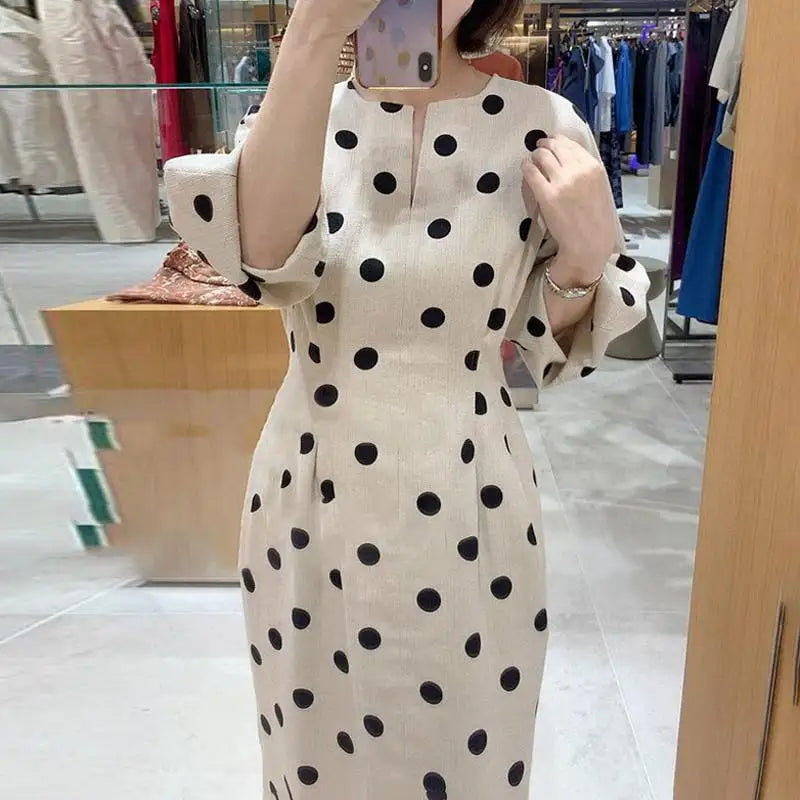 Elegant Women Dots Print Dress 2024 Summer Slim 3/4 Sleeve Vestidos Fashion V-Neck Party Midi Robe Office Pocket Dresses