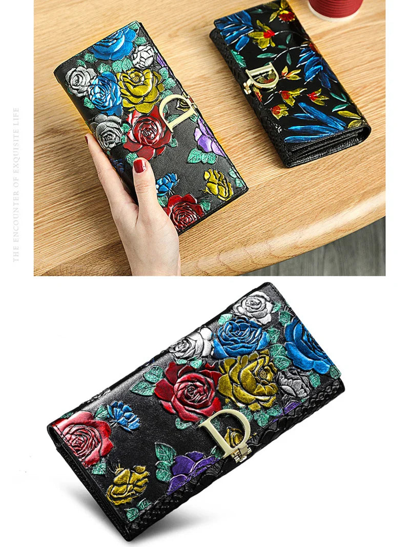 2025 New Genuine Leather Purse Wallet Female 3D Embossing Ladies Personality Retro Long Clutch Wallet Women Purse Coin Holders