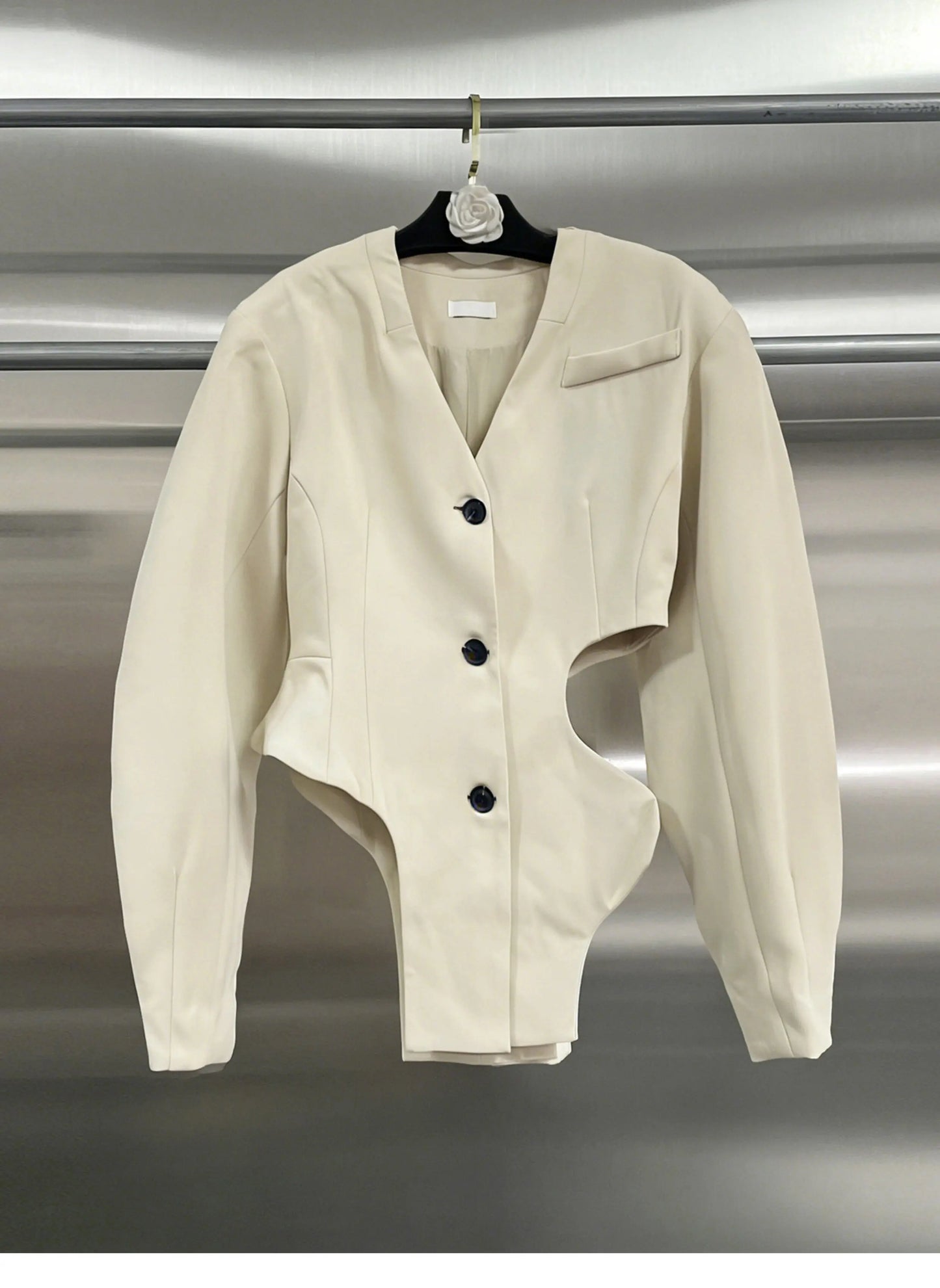 Chic Elegant & Hot Girl Style Apricot Blazer, Unique Asymmetrical Design with Cutout Detailing, Fashionable Suit Jacket