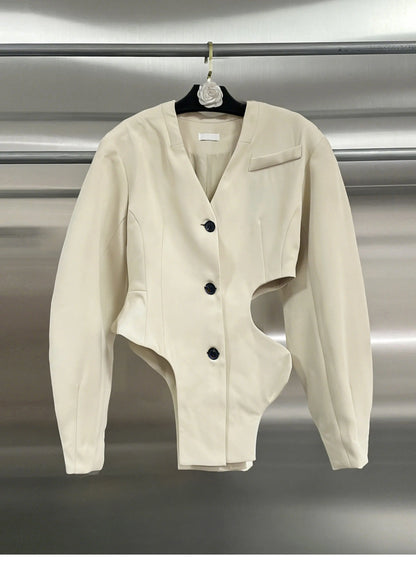 Chic Elegant & Hot Girl Style Apricot Blazer, Unique Asymmetrical Design with Cutout Detailing, Fashionable Suit Jacket