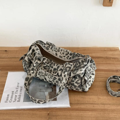 Vintage Leopard Rivet Motorcycle Handbag Barrel Shaped Boston Casual Messenger Bags for Female Shoulder Bag Fashion Ladies Totes