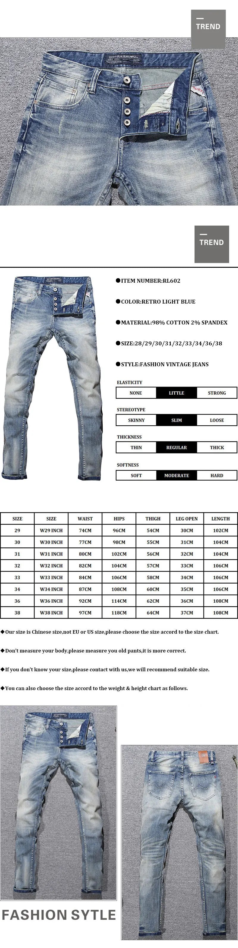 Italian Style Fashion Men Jeans Retro Light Blue Elastic Slim Fit Ripped Jeans Men Buttons Trousers Vintage Designer Denim Pants
