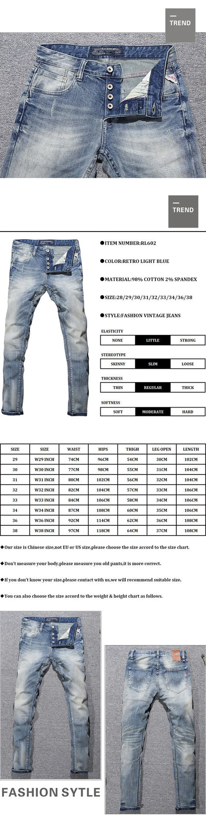 Italian Style Fashion Men Jeans Retro Light Blue Elastic Slim Fit Ripped Jeans Men Buttons Trousers Vintage Designer Denim Pants
