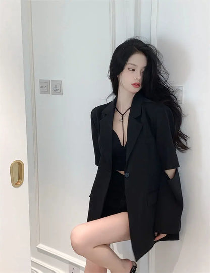 Premium Black Blazer for Women Spring Autumn New Arrival Sexy Backless Chain Accent Oversized Single Button Chic Feminine Design