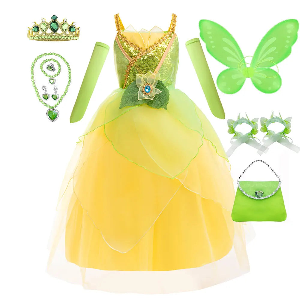 2026 Fairy Tale Fancy Princess and Frog Costume Play Tiana Ball Gown with Gloves Deluxe Suspender Dress 2 4 5 7 8Y Girl Carnival