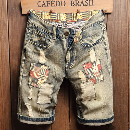Men's Denim Shorts Retro Distressed Style Trendy Five Quarter Pants Spring and Summer Youth Light Blue