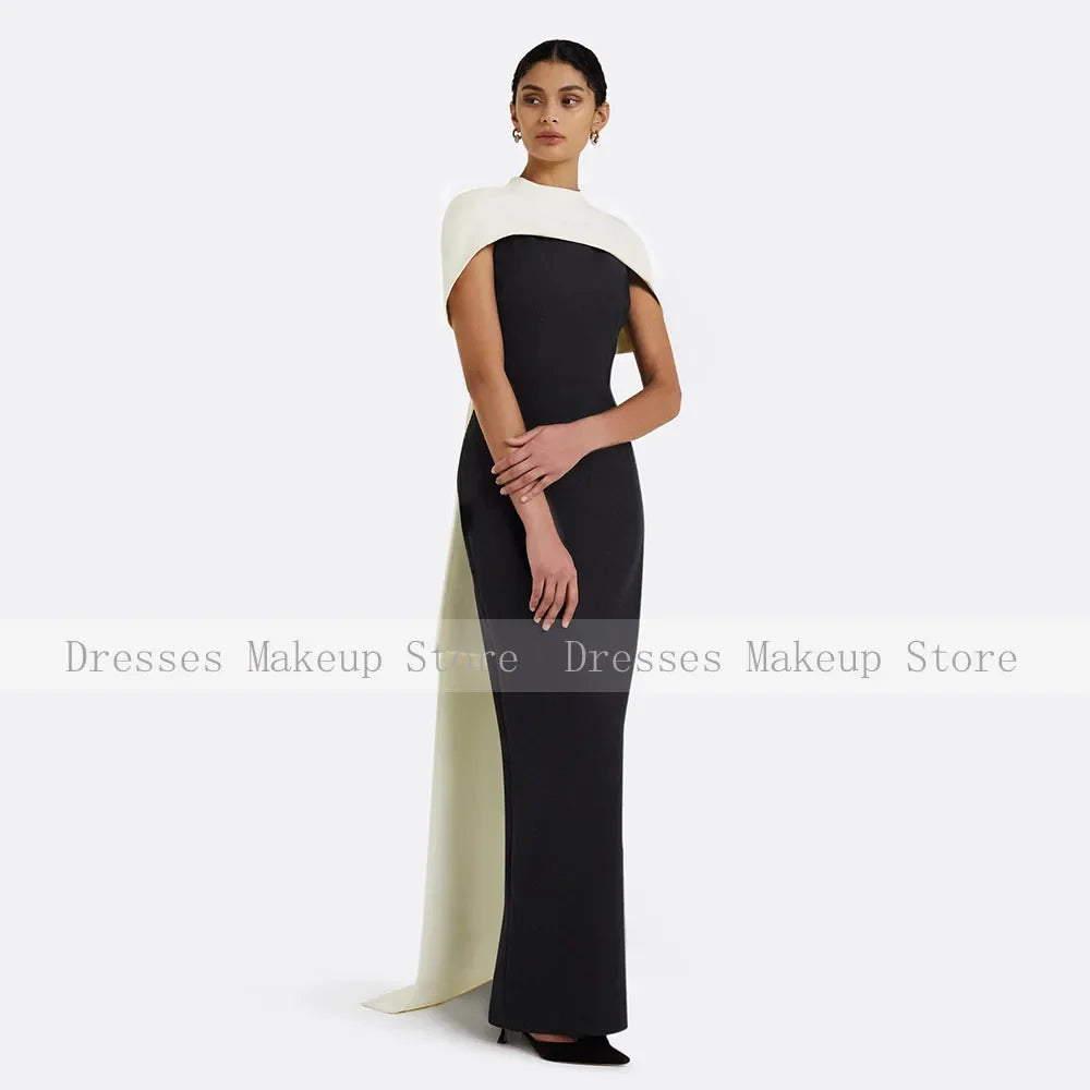 Customized Evening Dress Beige Cape O Neck Floor Length Column Evening Gowns for Women Draped Back Split Black Formal Party Gown